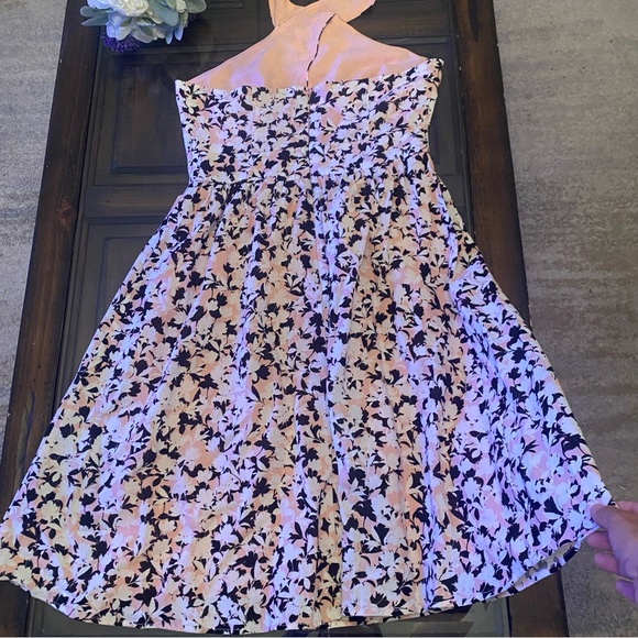 BCBGMaxAzria Linen Blend Pink Black Floral Crisscross Halter Dress - Picture 11 of 12